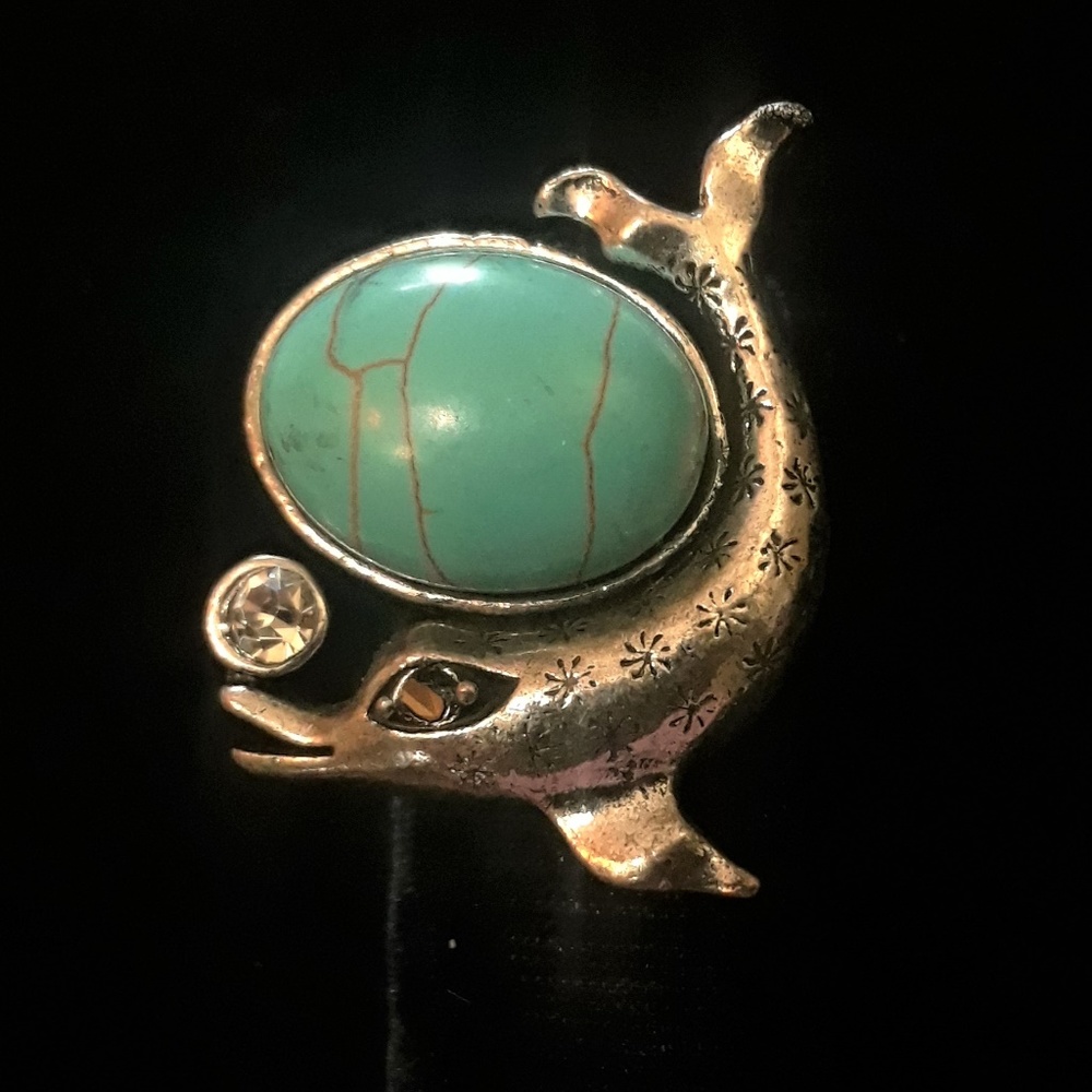 Silver Turquoise Dolphin Fashion Statement Ring